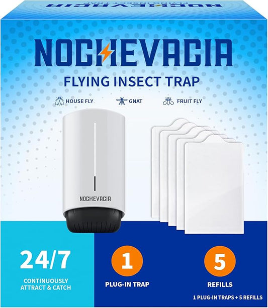 1 Plug-in Flying Insect Trap & 5 Refills, Effective Fly Traps for Indoor Use, Small Bug Catcher with Purple Light for Fruit Flies, Gnats, Moths and Mosquitoes