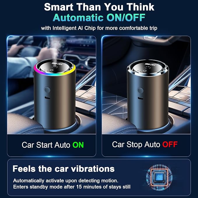 Smart Car Air Freshener, Car Diffuser Air Fresheners with 100ml Natural Fragrance for 6 Months, Auto On/Off, 5 Adjustable Car freshener, RGB Music Syncing Light for Bedroom and Office, Ocean Scent