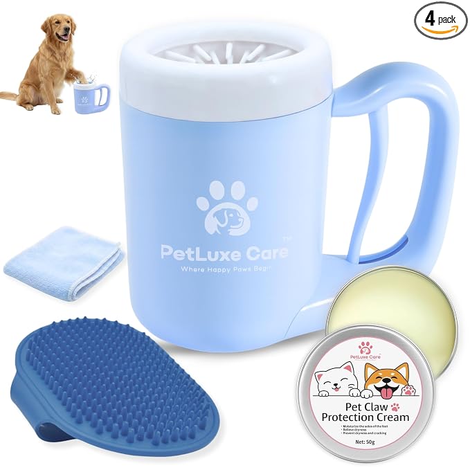 Dog Paw Washer Kit - Includes Paw Cleaner Cup, Towel, Pet Bath Brush & Moisturizing Balm - Dog Foot Washer for Muddy Paws, ideal for Small & Medium Dogs (Blue, Medium)