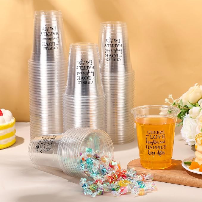 Jingmore 100 Pcs Wedding Plastic Cups 12 oz Cheers to Love Laughter Happily Ever After Disposable Clear Drinking Cups Bulk for Wedding Reception Bridal Shower Engagement Party Decorations Supplies
