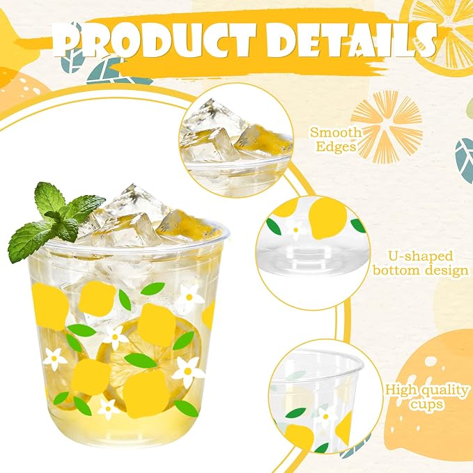 Whaline 50Pcs Summer Plastic Cups 12 Oz Lemon Disposable Clear Stemless Wine Cocktail Glasses PET Drinkware Cups Set for Wedding Birthday Baby Shower Party Supplies