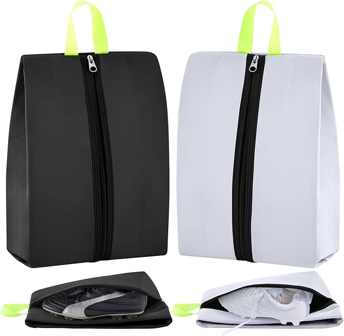 2 Pcs 2 Pack 4 Layer Smell Proof Cleat Bag Fits up to Size 14, Odor & Mud Resistant Cleat Storage, Waterproof, Fits Soccer, Football, Baseball & Golf Shoes (Black,White)