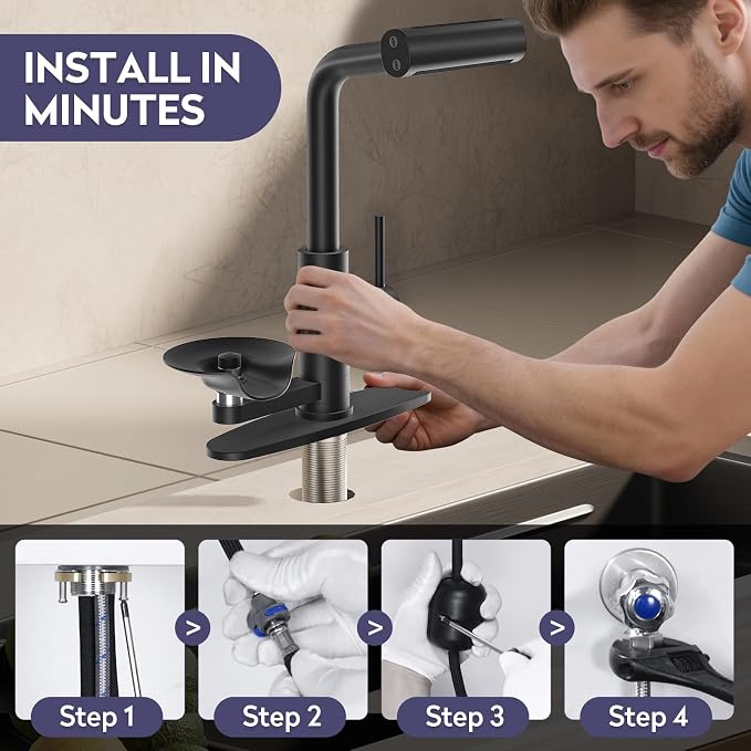 HOWUWEY Kitchen Faucet with Pull Down Sprayer & Cup Washer, Glass Rinser Faucet for Kitchen Sink, Single Handle Waterfall 1 or 3 Hole Tap for Bar Sink Farmhouse Camper Laundry Rv (Black)