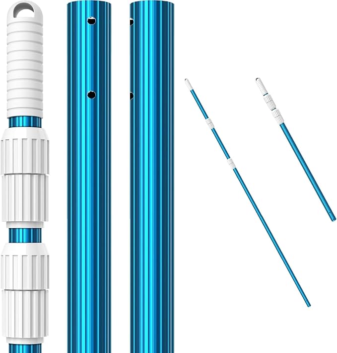 CKE Upgraded 16.5 Feet Thicken 1.3mm Blue Aluminum Telescoping Swimming Pool Pole,Adjustable 3 Piece Expandable Step-Up,Attach Connect Skimmer Net,Rakes,Brushes,Vacuum Head with Hoses, Universal 1.25"