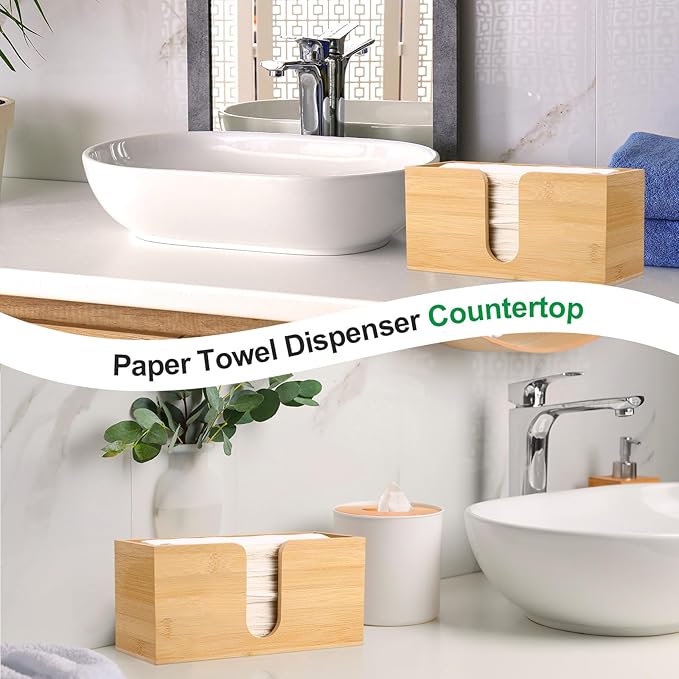 Bamboo Paper Towel Dispenser Countertop Folded Paper Towel Holder Trifold Napkin Holder, Suitable for Z-fold, C-fold or MultiFold Trifold - Bathroom Toilet and Kitchen, 10.8'' W x 4'' D x 5'' H