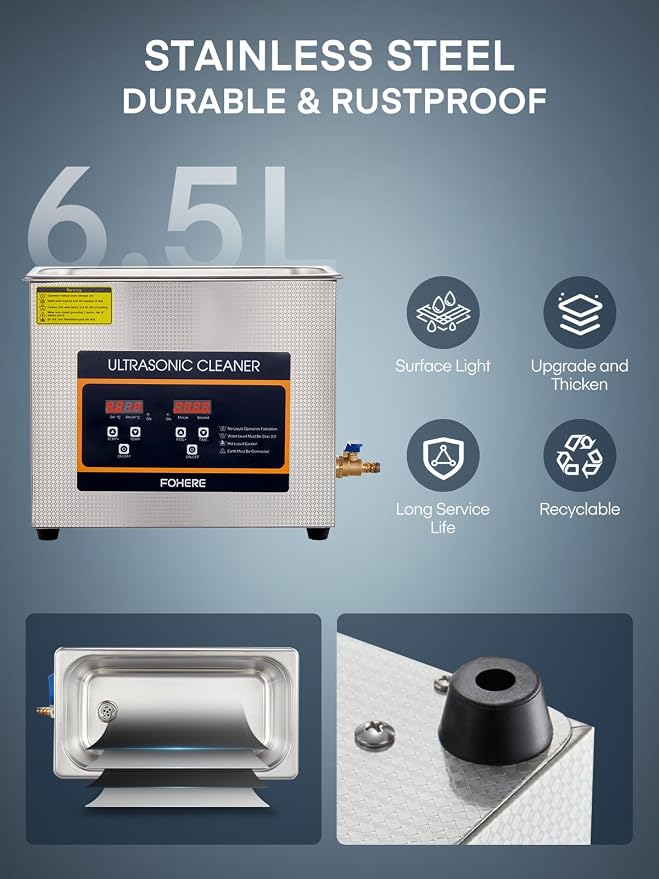Ultrasonic Cleaner with Heater and Timer, Stainless Steel Ultrasonic Washing Machine, Professional Sonic Cleaning for Parts, Bike Chain, Metal Engine Parts, Gun (6.5L)