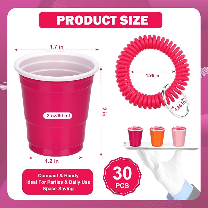 30 Pcs Pink and Orange Shot Cups with Wristband for Party 2oz Disposable Shot Glasses Bulk Plastic Mini Solo Cup with Bracelet for Tequila Sunrise Sunset Summer Bridal Bachelorette Party