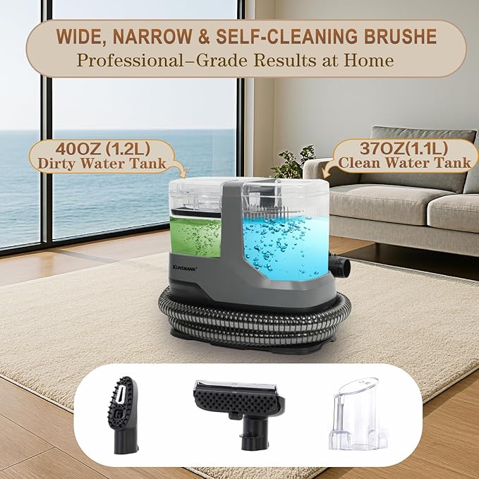 Couch & Upholstery Cleaner Machine, Portable Carpet Shampooer Machine with 18KPa Powerful Suction, Dual Brush Heads for Deep Cleaning Car Seat, Rug, Furniture, Stairs, Sofa, Spot & Pet Mess, Gray