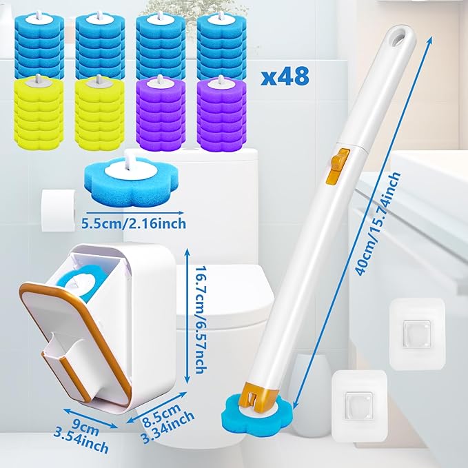 Disposable Toilet Brush with 48 Cleaner Refills, Toilet Brush Disposable with Wall Mounted Holder and Extended Handle for Showers and Bathroom Cleaning