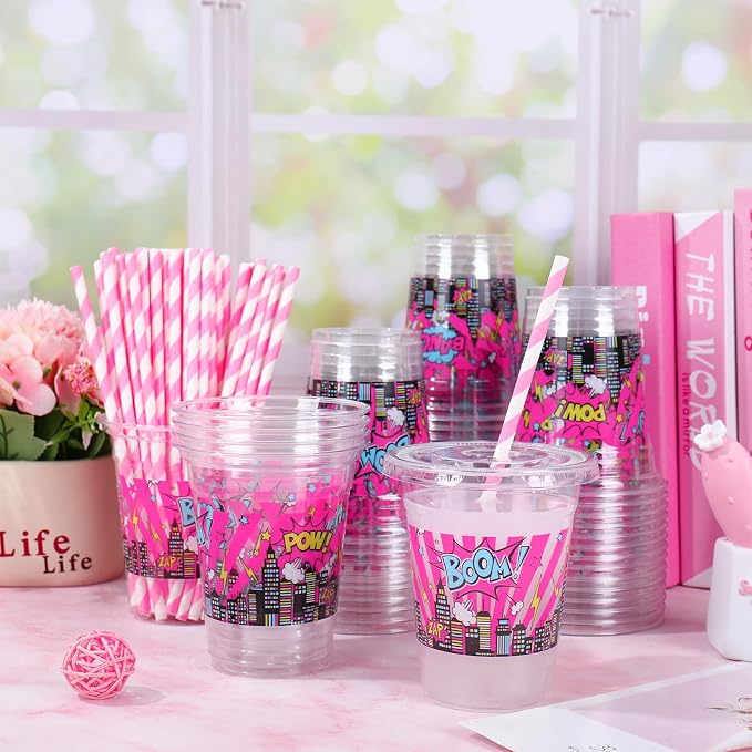 FYSUIMU 50Pcs 12Oz Pink Hero Themed Plastic Cups with Lids & Straws Skyline Super Girly Building Disposable Clear Drinking Cups for Birthday Baby Shower Party Supplies