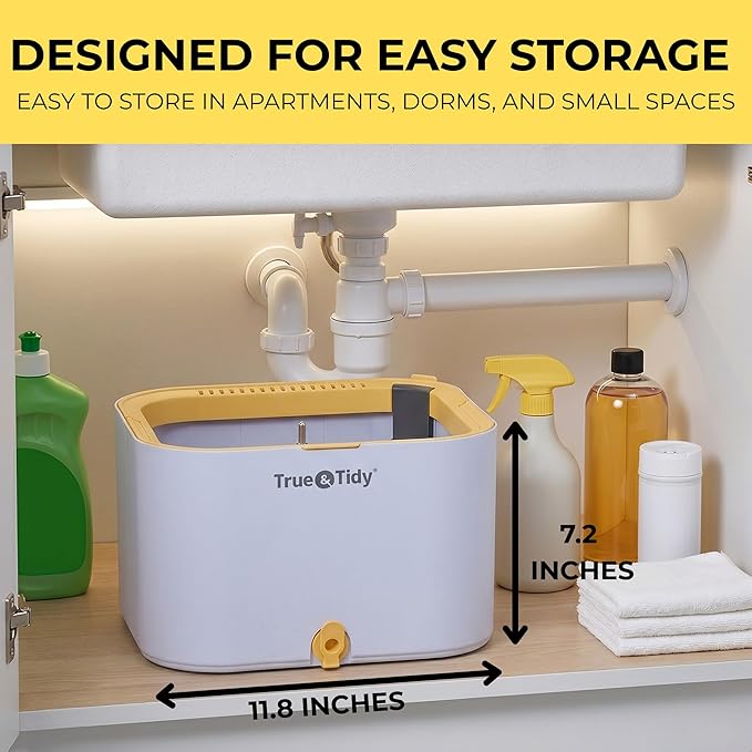 True & Tidy® TrueClean Spin Mop 2.0 w/Detachable Inner Bucket, Self Standing, Separates Clean and Dirty Water, Foldable Square Mop Head, Triple Jet Stream w/Hidden Brush, Replaceable 2pc Pads