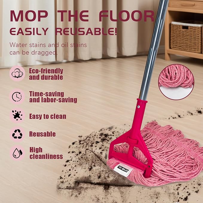 Commercial Cotton Mop Heavy-Duty Industrial with 2 Replacement Heads 152 cm Handle Replacement mop Head (Pink)