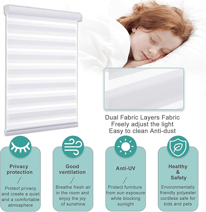 MYshade Cordless Zebra Blinds with Free-Stop Function - Dual Layer Light Filtering & Privacy Sheer Shades for Day and Night - Easy Install Window Shades for Home, Living Room, 32" W x 64" H,White
