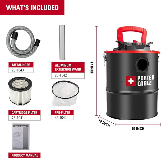 Porter-Cable 4 Gallon 4 Peak HP Ash Vacuum, with Metal Hose, Pre-Filter, and Cartridge Filter, Ideal for Fireplaces, Bonfire Pits, Wood-Burning Stoves, BBQ Grills, Black-PCX18184