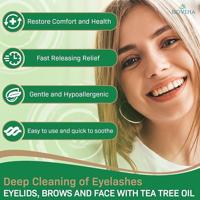 NOVEHA 360PCs Tea Tree & Coconut Oil Eyelid & Lash Wipes | For Demodex, Blepharitis & Itchy Eyes, Box Of 60 Individually Wrapped Eyelash Wipes With Aloe Vera, Natural Makeup Remover