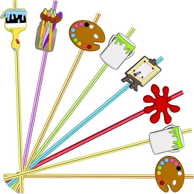24pcs Art Painting Character Cocktail Drink Straws and Brushes Pad Paint Birthday Party Supplies Decorations, Welcome Back to School Art Painting Party Favors with 2 Cleaning Brushes 6 Colors Straws