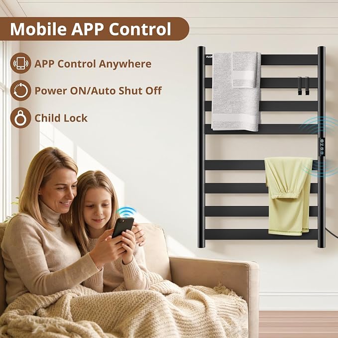 R FLORY Heated Towel Racks for Bathroom Freestanding & Wall Mounted, WiFi-Enable Electric Towel Warmer Rack, Extra-Wide Heating Area Fast Heating with Timer & Temperature Control, 8 Bars, Matte Black