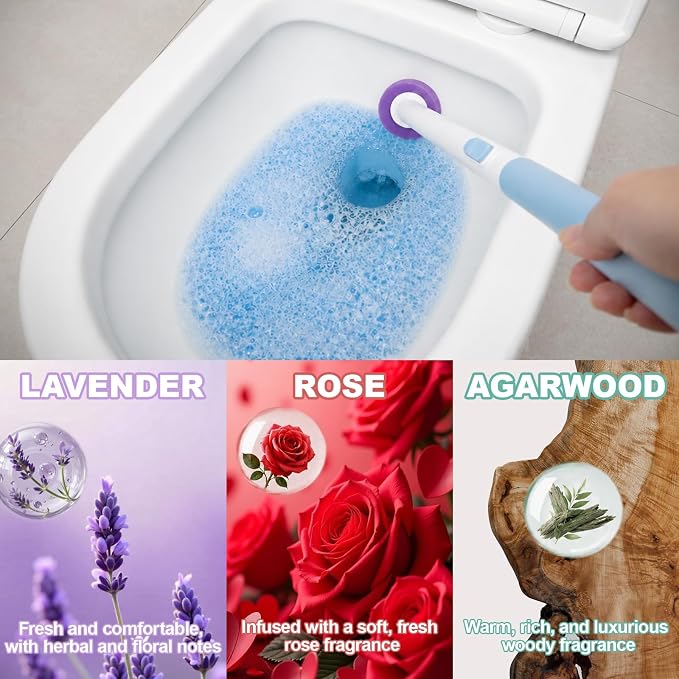 Disposable Toilet Brush, Wall Mount Holder Set with 24 Refill Brush Heads | Hands Free Toilet Brush with One-Button Release, Bathroom Cleaning Set for RV & Small Bathroom, 3 Mixed Scent Refill Heads