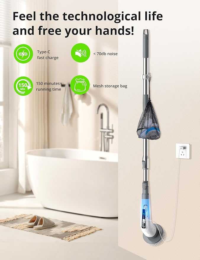 Electric Spin Scrubber, Cordless Bathroom Cleaning Brush for Home, 420PRM Shower Scrubber with 8 Replaceable Head, 3 Speeds, Adjustable Long Handle for Bathroom, Bathtub, Car, Kitchens- Grey
