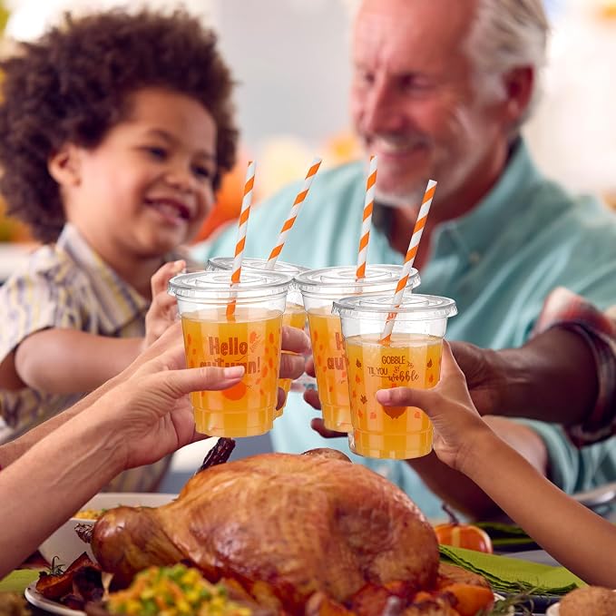 Yaomiao 300 Pcs 12 oz Thanksgiving Day Plastic Cups with Lids and Straw Fall Plastic Party Cups Thanksgiving Disposable Clear Tumbler Hello Party Turkey Pumpkin Drinking Tumbler Set for Autumn Supply