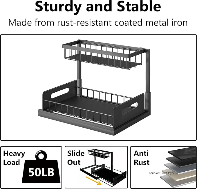 Ceetug Under Sink Organizers and Storage 2 Tier Slide Out Kitchen Cabinet Organizer Sturdy Metal Bathroom Storage (Black, 1 Pack)