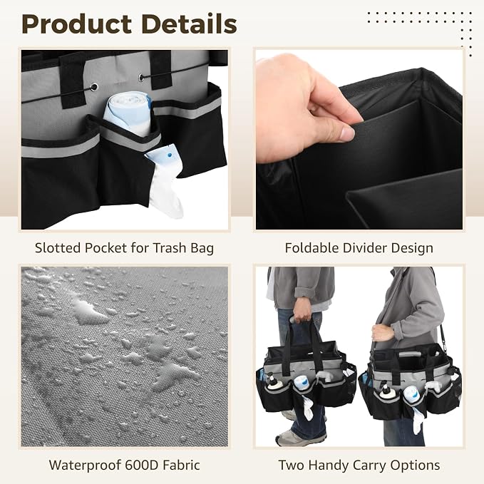Wearable Cleaning Caddy Bag, Large Housekeeping Supply Organizer with Adjustable Shoulder Strap, Waist Strap and Handle, 600D Oxford Cleaning Tote with Dividers for Kitchen, Car Detailing, Black Gray