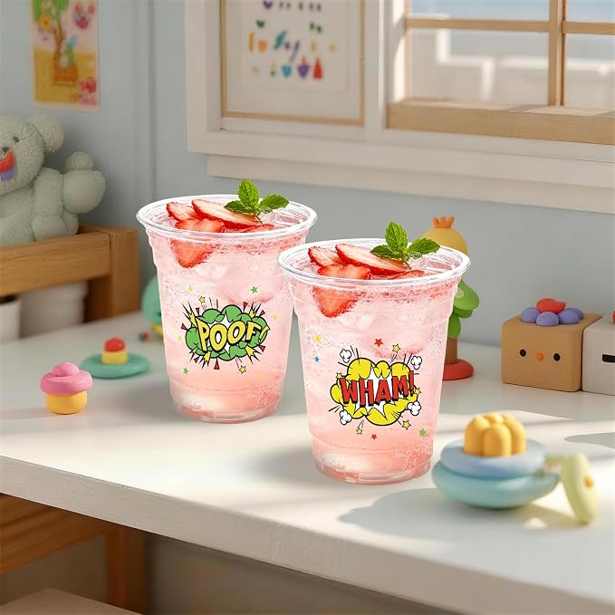100 Pack Hero Party Plastic Cups 12 Oz Comic Themed Disposable Cups Hero's Action Birthday Party Decoration for Beverage Coffee Birthday Party Supplies
