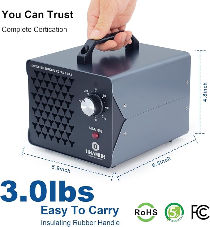 ONAMOR Ozone Generator 83,000mg - Ozone Machine for Home, Smoke, Car, and Pet Room. (Suitable for Area of 6,000 Square Feet) - Gray