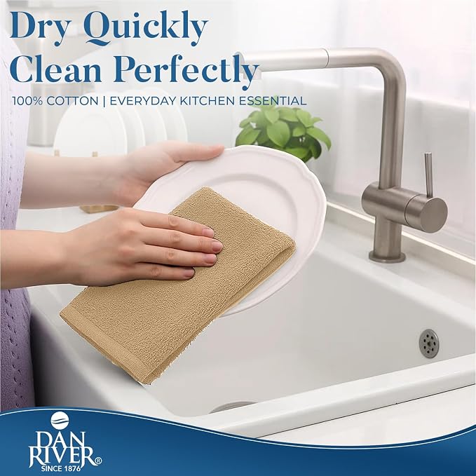 DAN RIVER Kitchen Bar Mops,Pack of 12,16 by 19 Inches,100% Cotton Super Absorbent,Multi-Purpose Cleaning Towels for Home and Kitchen Bars-Tan