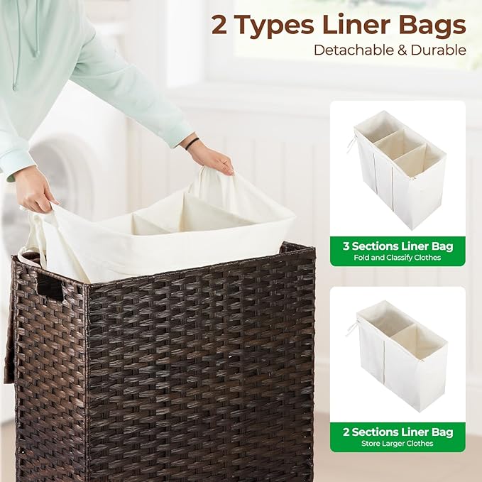 Greenstell Laundry Hamper with Lid, 125L Wicker Laundry Baskets with 2 Removable Liner Bags & 5 Mesh Laundry Bags, Handwoven Rattan Clothes Hamper with Handles for Clothes in Bathroom, Bedroom