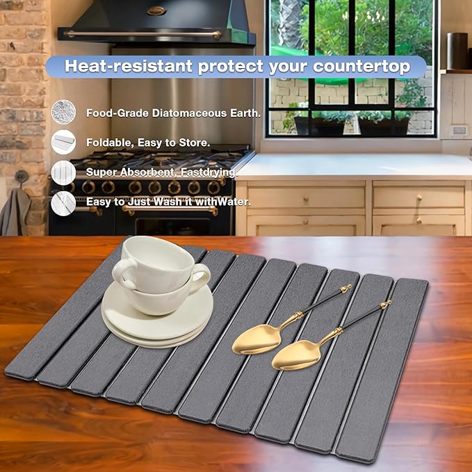 RAIN SPIRIT Large Stone Dish Drying Mat for Kitchen Counter, Diatomaceous Earth Quick Dry Stone Drying , Collapsible Dish Mat Dish Pads for Drying 24"×16" grey