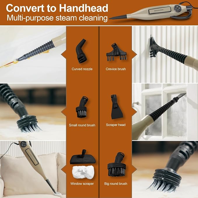 DEVOAC VM6 Scrubbing Steam Mop with Rotating Mop Pads, 10 in 1 Steam Mop, Lightweight Spin Mop & 3 Steam Modes for Hard Floor Laminate Marble Floors (Champagne)