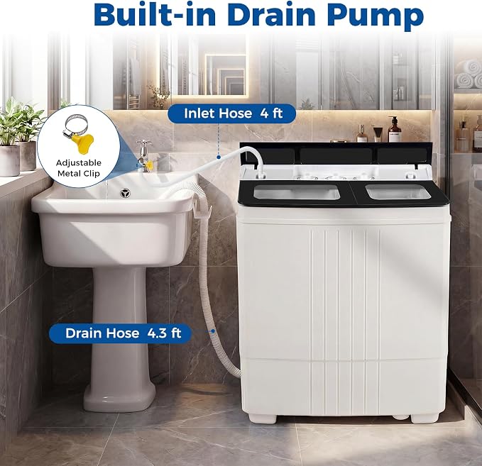 Giantex Portable Washing Machine, 20LBS Twin Tub Mini Compact Laundry Washer Spinner Combo with Drain Pump, 12Lbs Washer and 8Lbs Spinner for Apartments, RVs, Dorms, Black+White