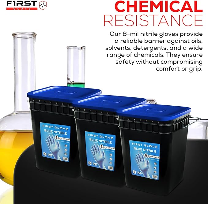First Glove Nitrile 8 Mil Bucket Fully Textured Blue Gloves - Heavy Duty Gloves for Industrial & Automotive Work 500ct