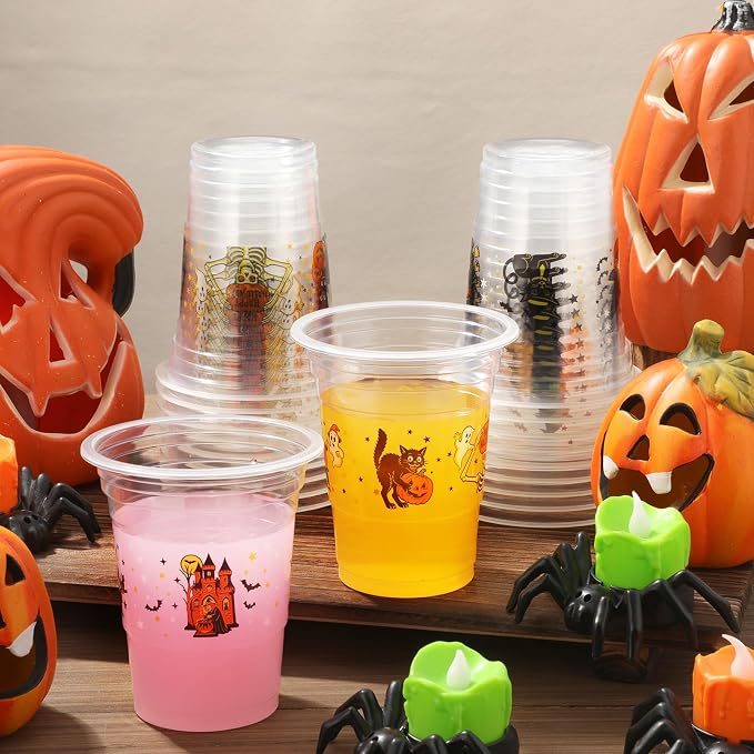 Eaasty 100 Pcs 12 oz Vintage Halloween Disposable Plastic Cups Retro Witch Cat Pumpkin Ghost Owl Skeleton Cups for Beverage Ice Cream Snacks Party Supplies Decoration