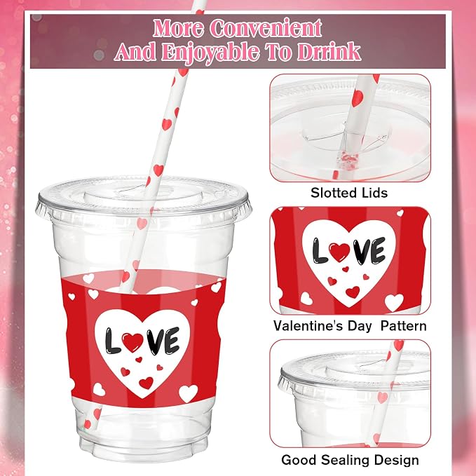 Yaomiao 300 Pcs 12 oz Valentine's Day Plastic Party Cups with Lids and Straw Valentine's Day Plastic Cup Heart Disposable Clear Tumbler Red Pink Disposable Drinking Set for Party Supply