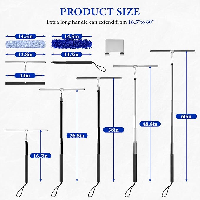 Shower Squeegee for Glass Doors, 2-in-1 Professional Window Cleaner Tool with Extension Pole, 14" Wide Window Washing Equipment for High Outside Glass, Solar Panels, Shower & Car Windshield