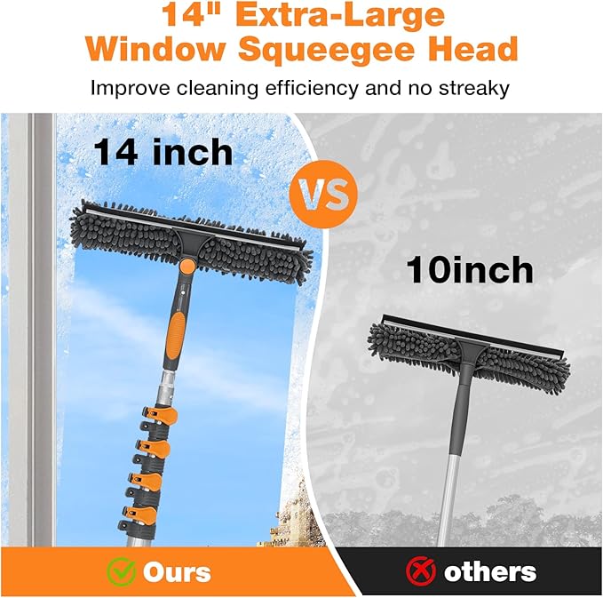 26Ft Window Squeegee with 5-19 FT Extension Poles, 2-in-1 Window Cleaning Kit with Telescopic Pole, Extra-Large 14" Window Squeegee Window Cleaner Tool with Adjustable Head, for High Window, Glass, RV