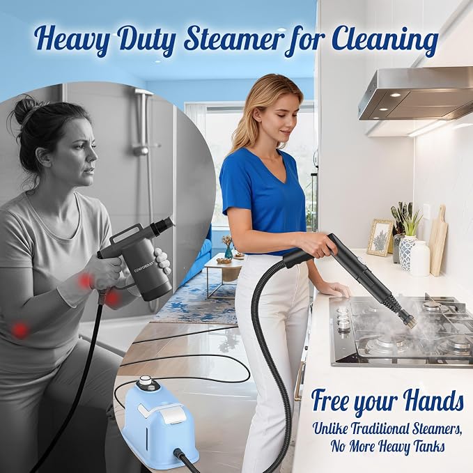 60.87oz Heavy Duty Steam Cleaner, 10s Rapid Heating Handheld Steamer for Whole Home, Car, Grout & Tile – Chemical-Free Pressurized Steam for Floors, Kitchen, Upholstery with 15 Accessories