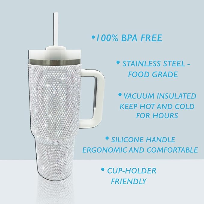 40oz Bling Tumbler with Handle and Straw Lid Rhinestone Studded Tumbler Cups Vacuum Insulated Stainless Steel Double Wall Water Bottle Travel Mug Gifts for Women Her (Pearl White)