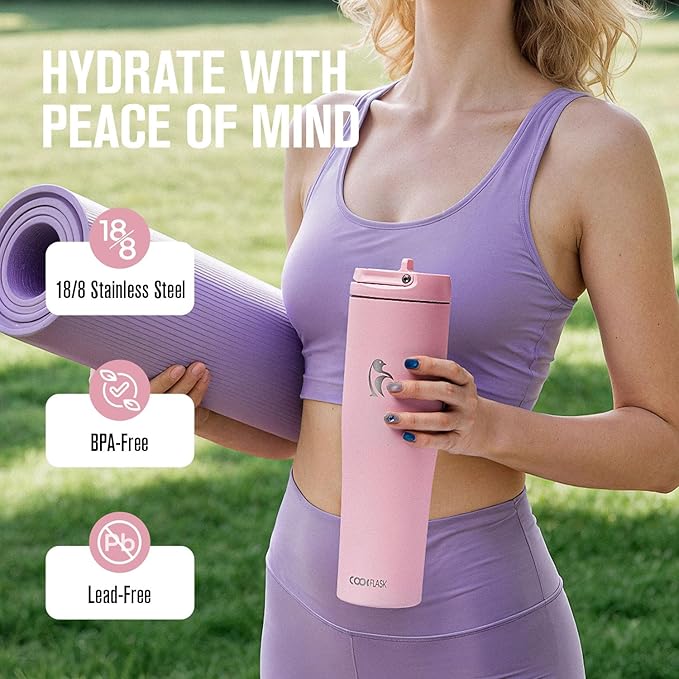 Coolflask Water Bottle 40 oz Fits Car Cup Holder, Slim Tumbler Stainless Steel with Straw & Handle, Vacuum Flask Leakproof Wide Mouth for Travel Sports Gym, Pink
