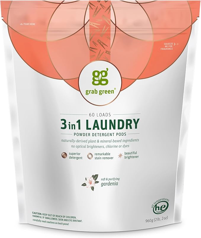 Grab Green 3-in-1 Laundry Detergent Pods, 60 Count, Gardenia | Plant & Mineral-Based; Enzyme-Powered; Velcro Closure; Laundry Brightener; Stain Remover