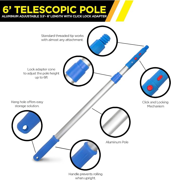 6” Telescopic Pole - Heavy-Duty Aluminum Extension Pole (Adjustable 3.5-6 Ft) with Click/Lock Adapter - Compatible with Squeegees, Dusters & Strip Washers - Twist-Lock for Secure Grip