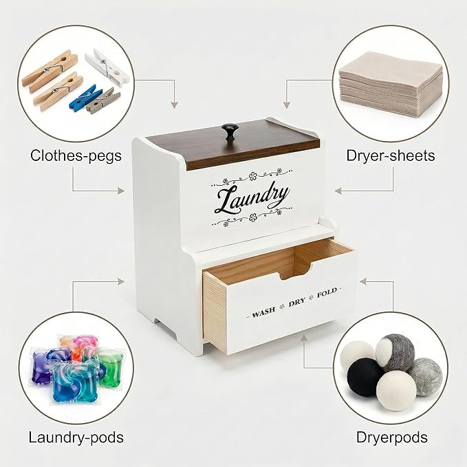 Goaste Dryer Sheet Holder with Drawer, Wood Dryer Sheet Dispenser with Lid, Farmhouse Laundry Pods Container Box, Wall Mount Fabric Softener Organizer for Laundry Room Storage and Organization