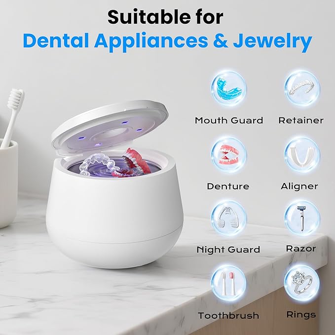 45kHz Ultrasonic Retainer Cleaner, 200ML Dental Cleaning Pod for Dentures, Mouth Guards, Braces, Aligner, Toothbrush Jewelry and More, UV Denture Cleaner with 4 Modes & Digital Timer - White