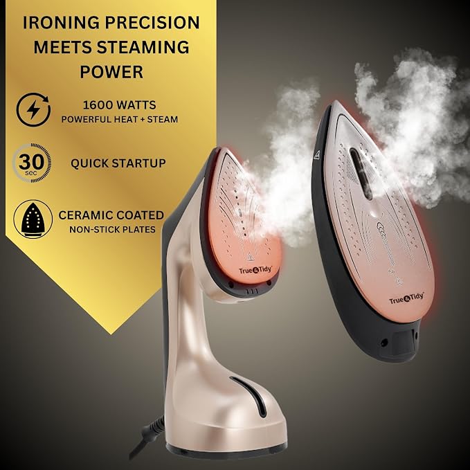 True & Tidy DuoPress XL 2-in-1 Clothes Steamer & Iron, 1600W Powerful Turbo Steam, Large Ceramic Plate, Smart Temperature Control, 3 Steam Modes