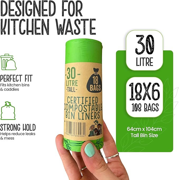 Eco Green Living 100% Compostable Biodegradable Bin Liners 30L Bin Bags For Food Waste, Kitchen Tall Bin Liners, Vegan, Strong, Leakproof, BPA Free, Recyclable, 6 Rolls, 108 Bags