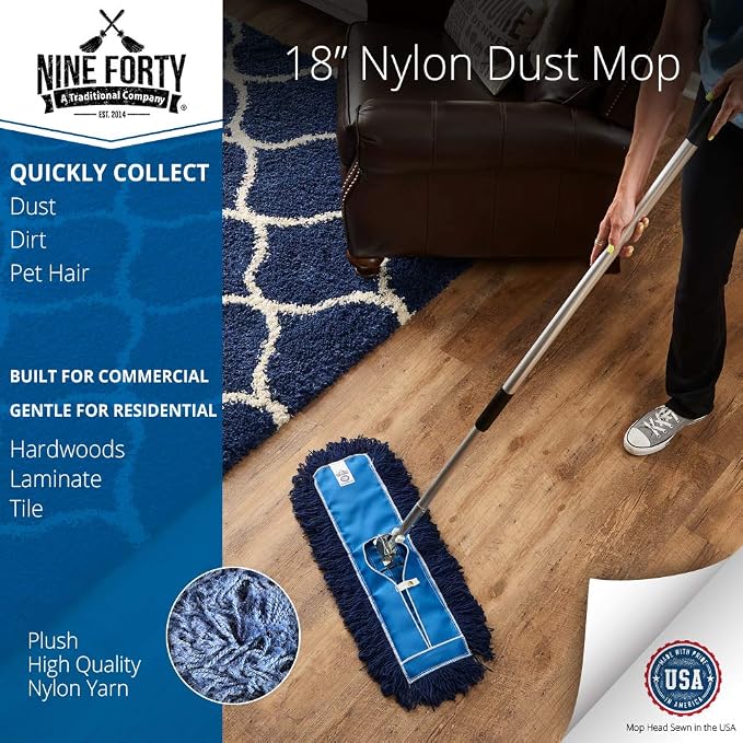 Nine Forty 18" Premium Nylon Dust Mop- Heavy Duty Mop Head for Industrial, Commercial, and Residential Cleaning - Dry Floor Duster for Hardwood Surfaces and Commercial Applications - Blue