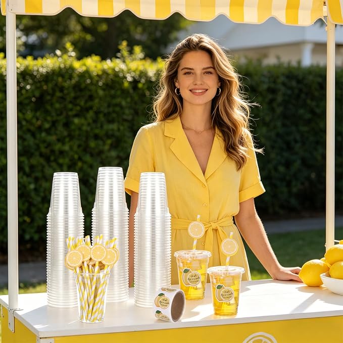 100Pcs Lemon Disposable Plastic Cups with Lids and Straws, 12Oz Party Cups Lemon Cold Beverage Drinking Cups with Stickers for lemonade Stand Supplies Summer Iced Coffee Smoothie Juice Tea