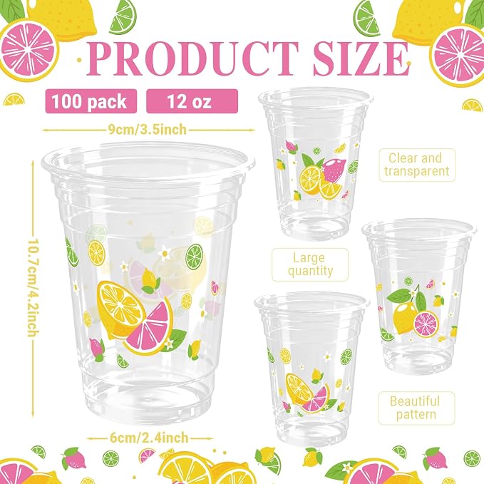 100 Pack Lemons Plastic Cups 12 oz Pink Yellow Tropical Fruit Disposable Cup Clear Lemons Summer Spring Party Favor Drinking Cold Beverage Cup for Party Supplies